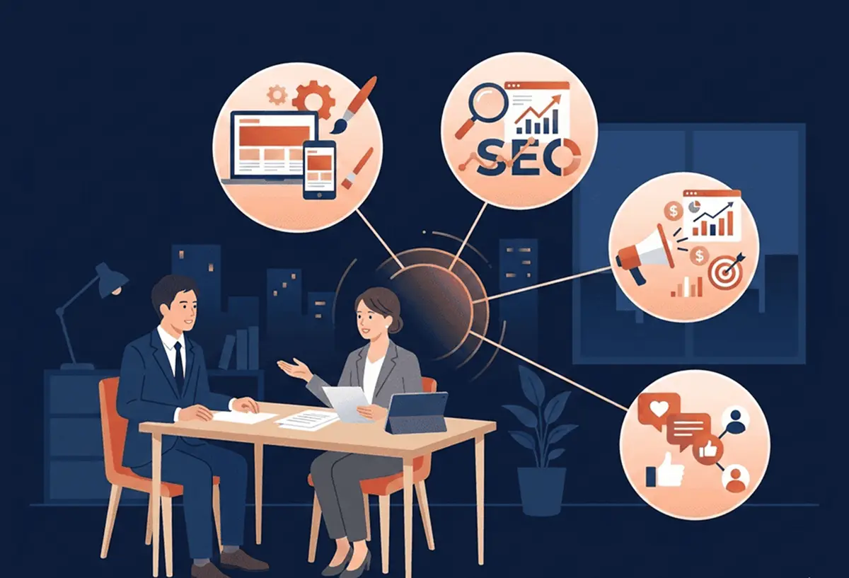 経営者が1人の窓口に相談し複数の専門分野が動くイメージ